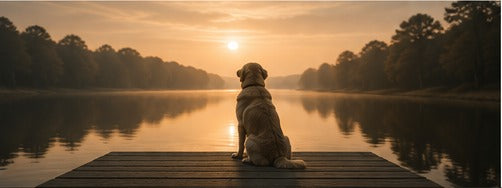 A dog sitting quietly beside a lake at sunset