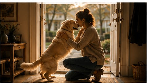 A joyful dog greeting its owner at the doorway